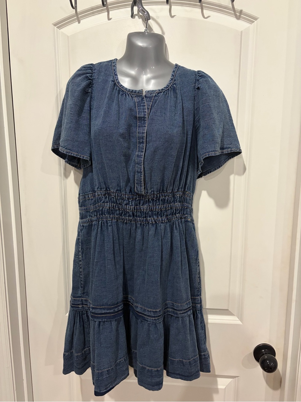 Anthropologie Indigo Denim-Look Smocked Waist Short Sleeve Dress
